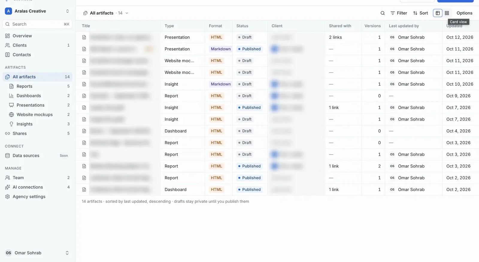 SnowDots app: all artifacts SnowDots app listing 14 artifacts with type, format, status, client and version columns